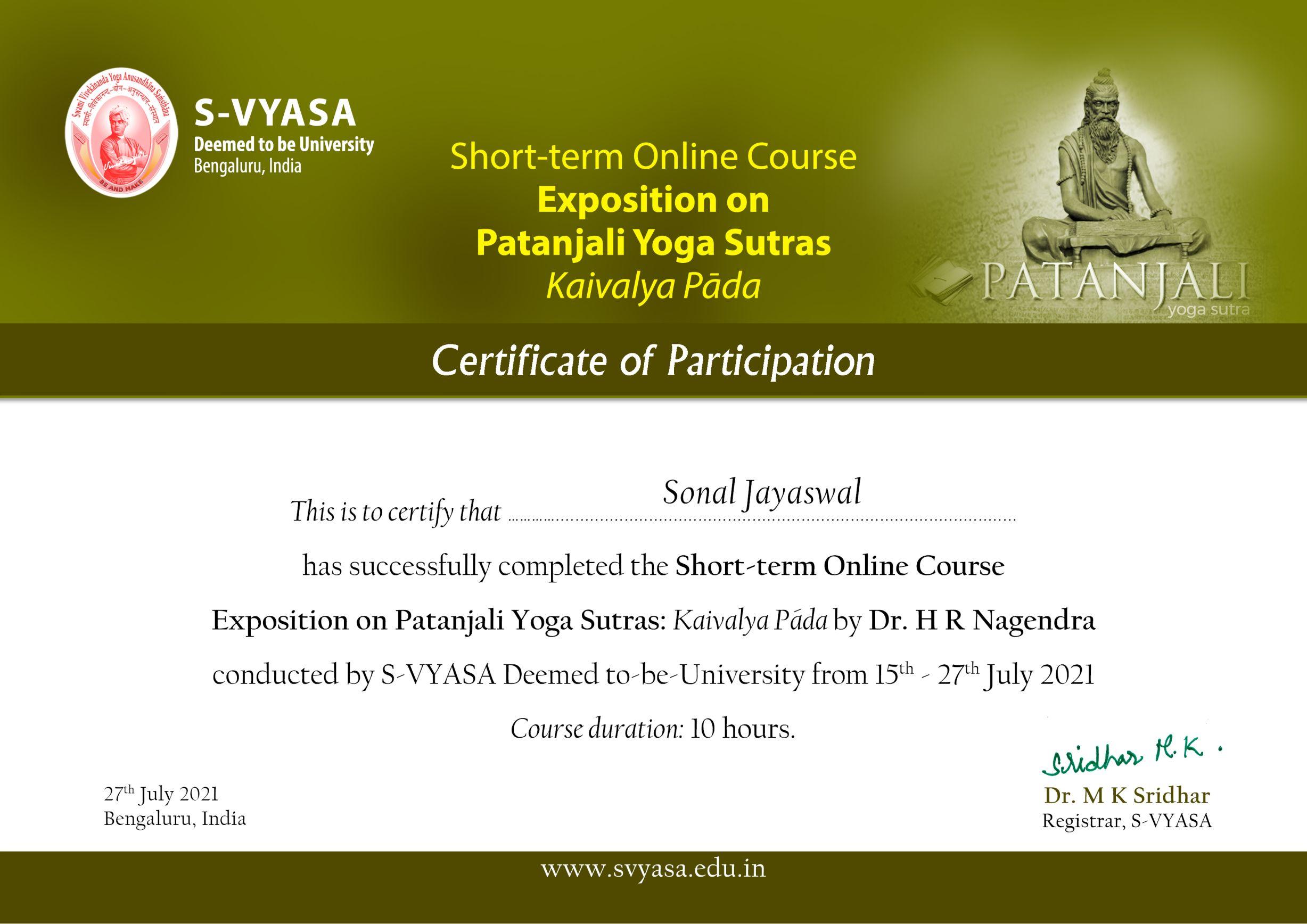 27 07 21 online course exposition on patanjali yoga sutras kaivalya pada certificate25